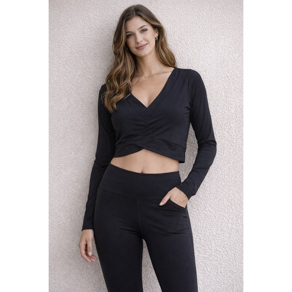 Free People FP Movement Womens Black Wrap Front Long Sleeve Crop Top Size M